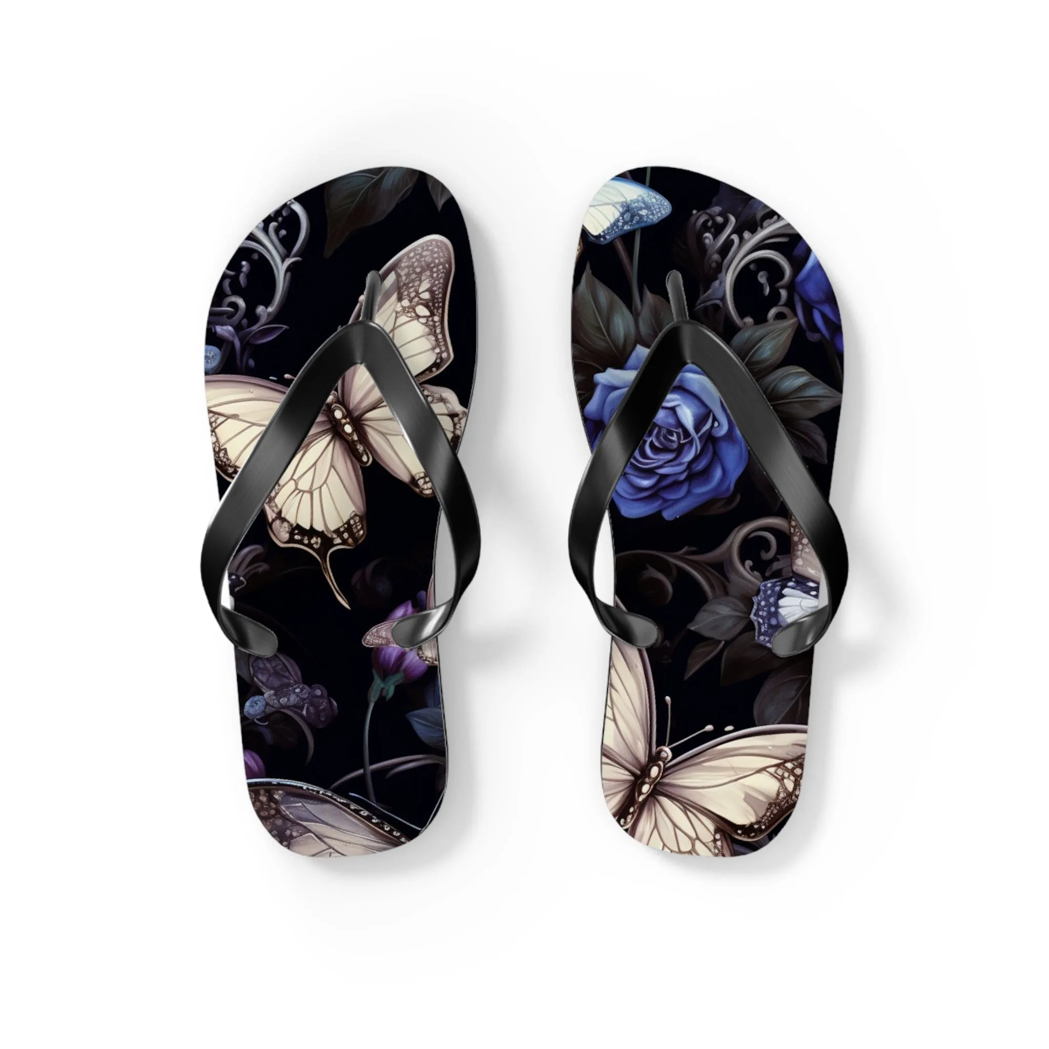 Blue Flowers With Butterflies Flip Flops