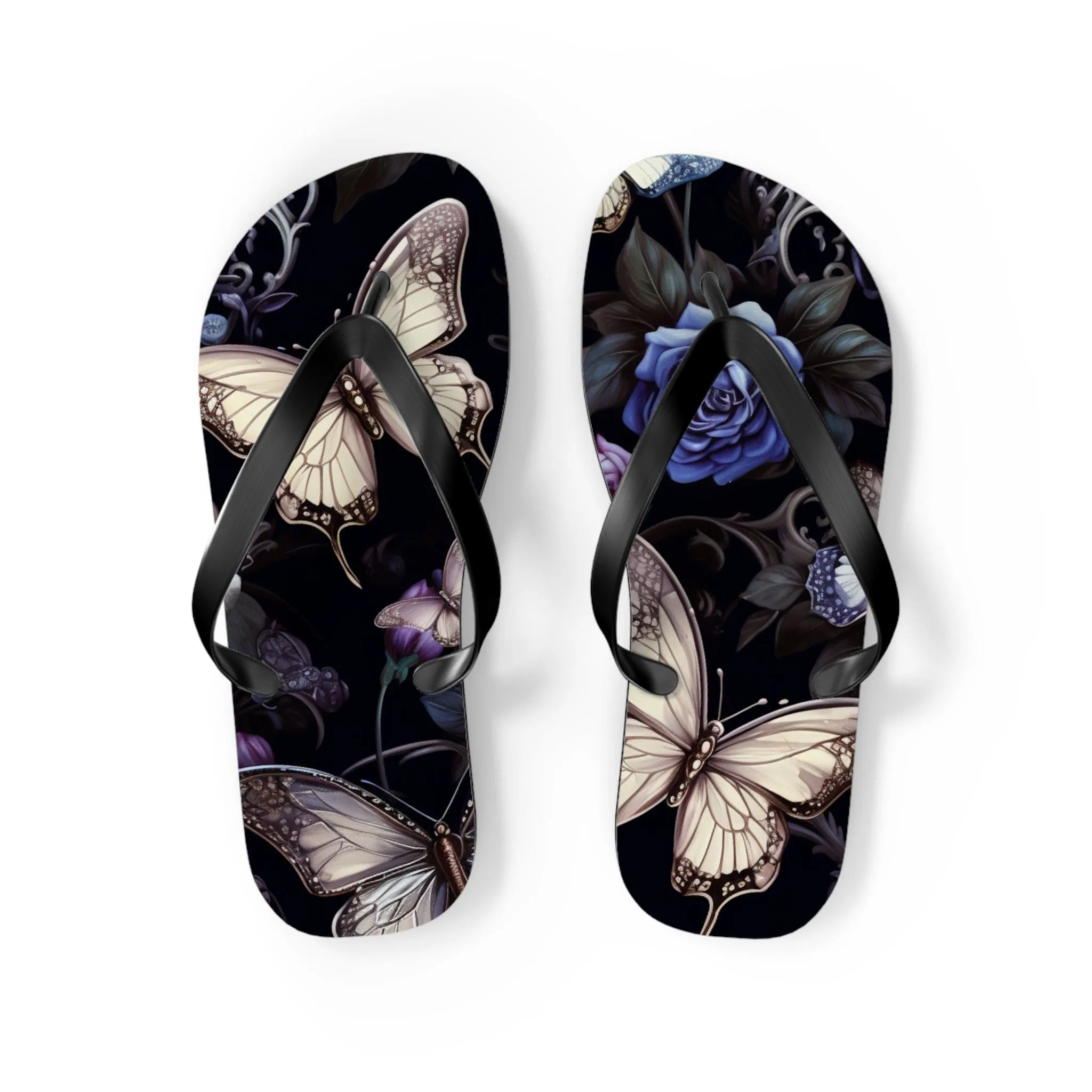 Blue Flowers With Butterflies Flip Flops