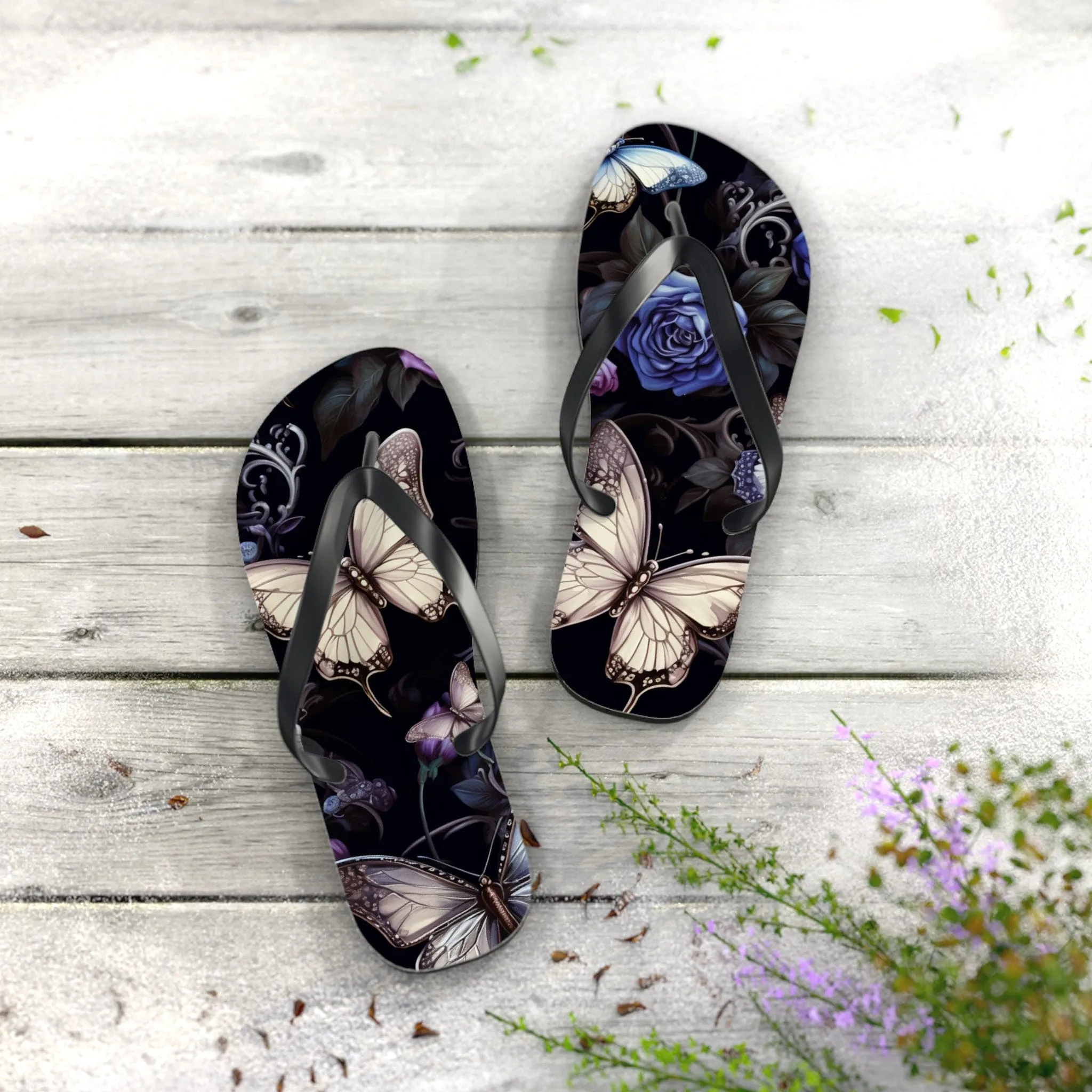 Blue Flowers With Butterflies Flip Flops