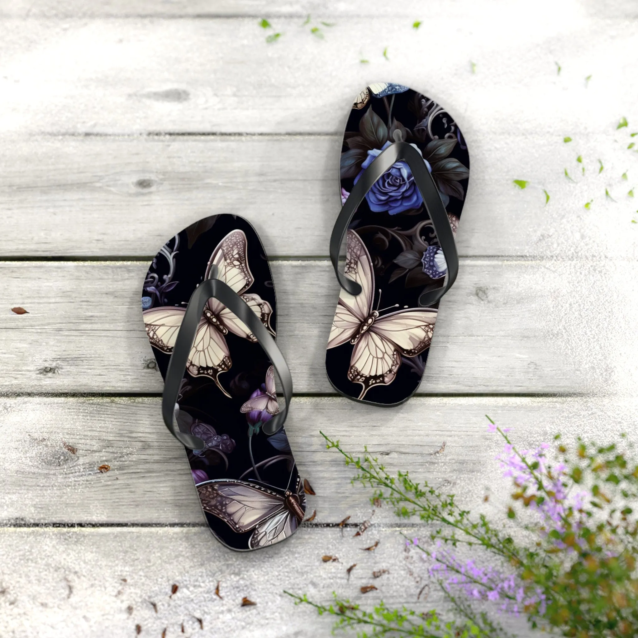 Blue Flowers With Butterflies Flip Flops