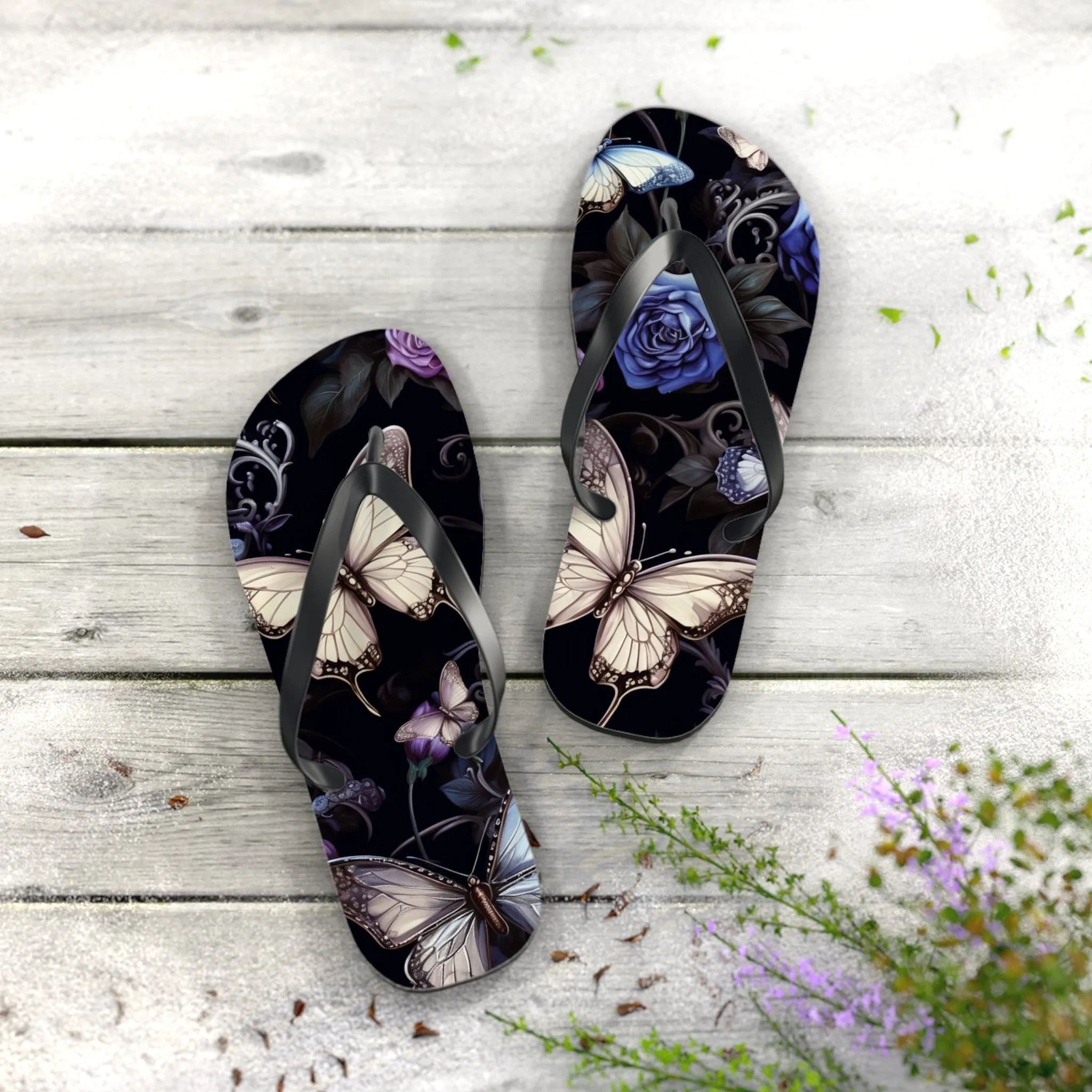 Blue Flowers With Butterflies Flip Flops