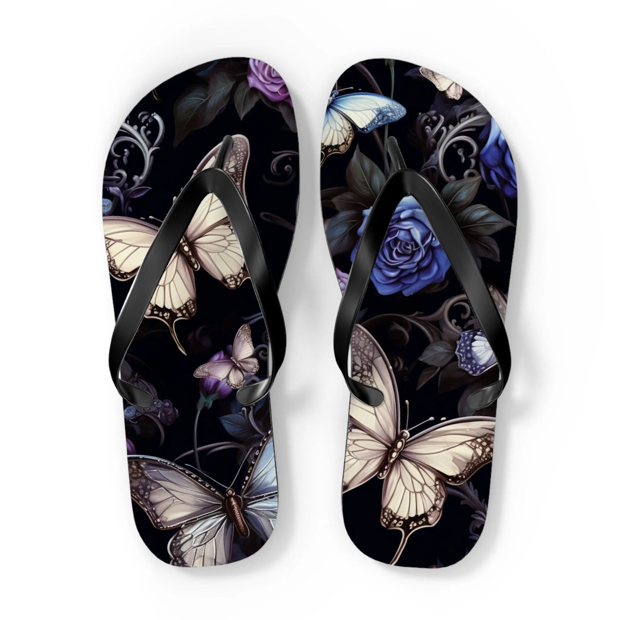 Blue Flowers With Butterflies Flip Flops