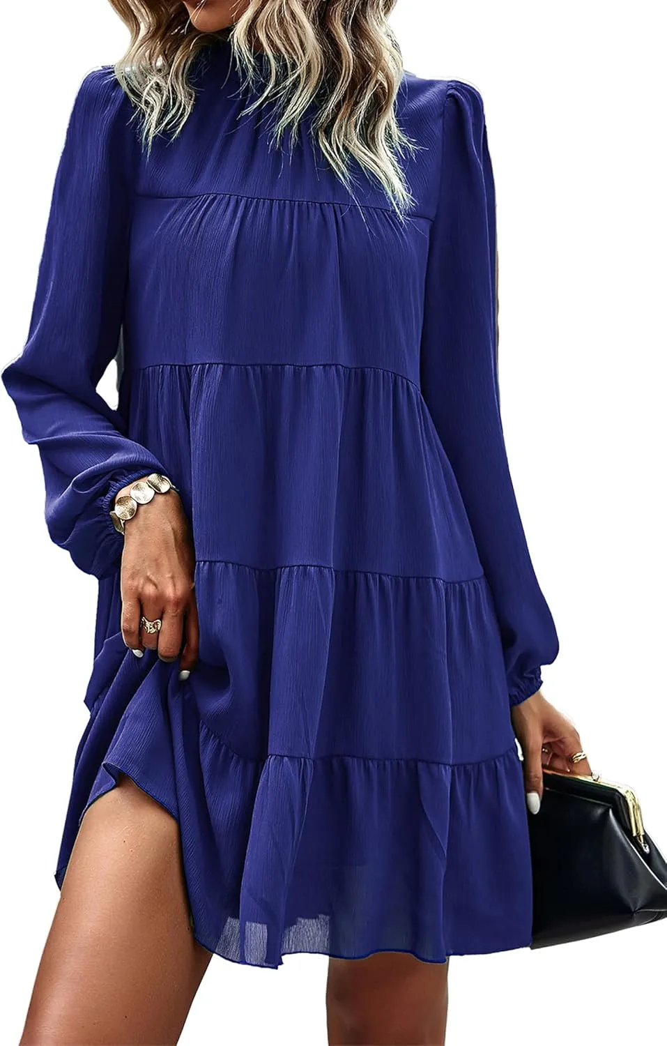Blue Small Ruffle Mock Neck Mini Babydoll Dress for Women - Casual & Flowy
