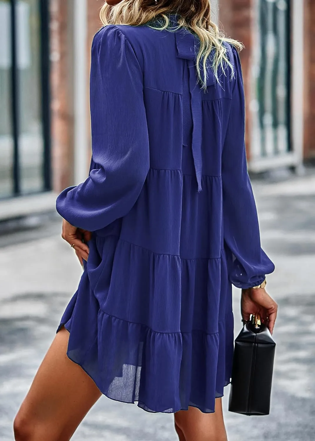 Blue Small Ruffle Mock Neck Mini Babydoll Dress for Women - Casual & Flowy