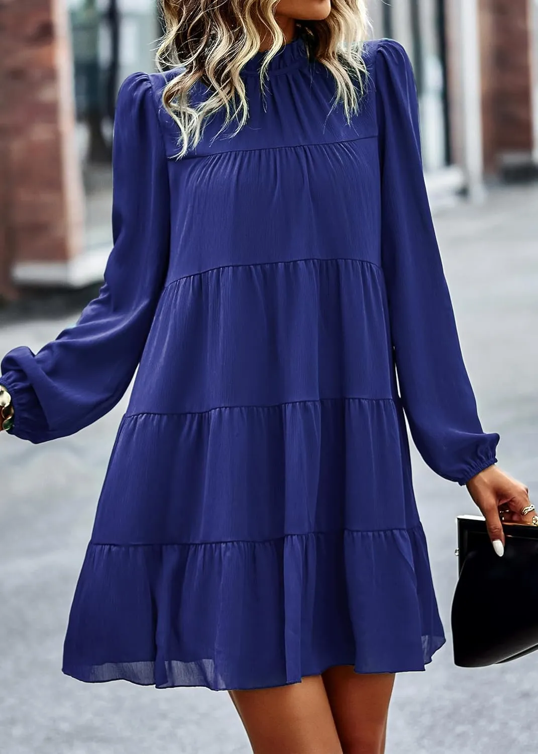 Blue Small Ruffle Mock Neck Mini Babydoll Dress for Women - Casual & Flowy