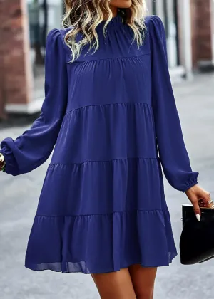 Blue Small Ruffle Mock Neck Mini Babydoll Dress for Women - Casual & Flowy
