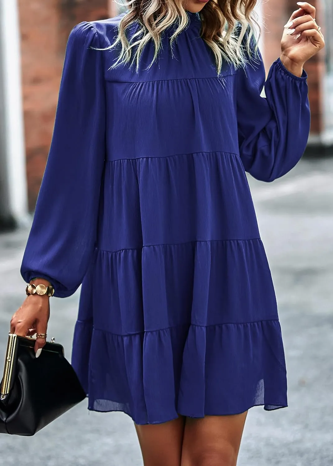 Blue Small Ruffle Mock Neck Mini Babydoll Dress for Women - Casual & Flowy