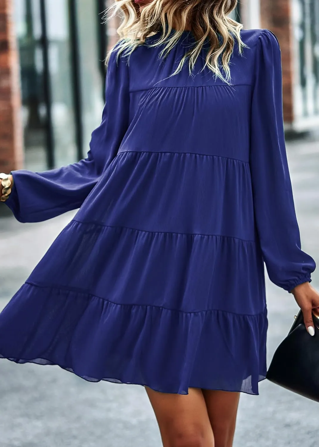 Blue Small Ruffle Mock Neck Mini Babydoll Dress for Women - Casual & Flowy