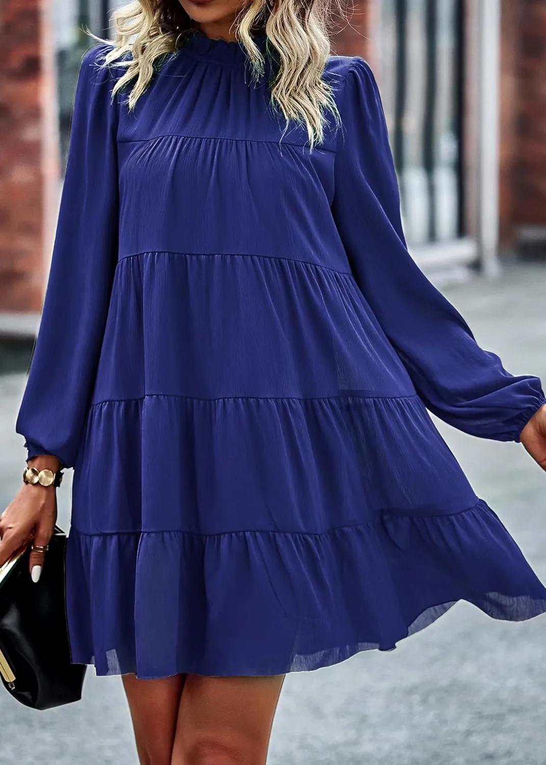 Blue Small Ruffle Mock Neck Mini Babydoll Dress for Women - Casual & Flowy