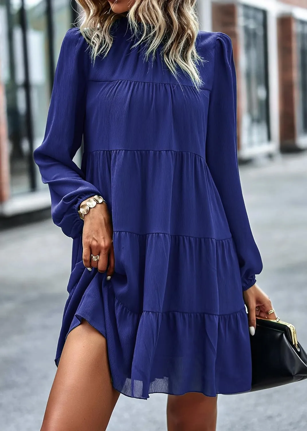 Blue Small Ruffle Mock Neck Mini Babydoll Dress for Women - Casual & Flowy