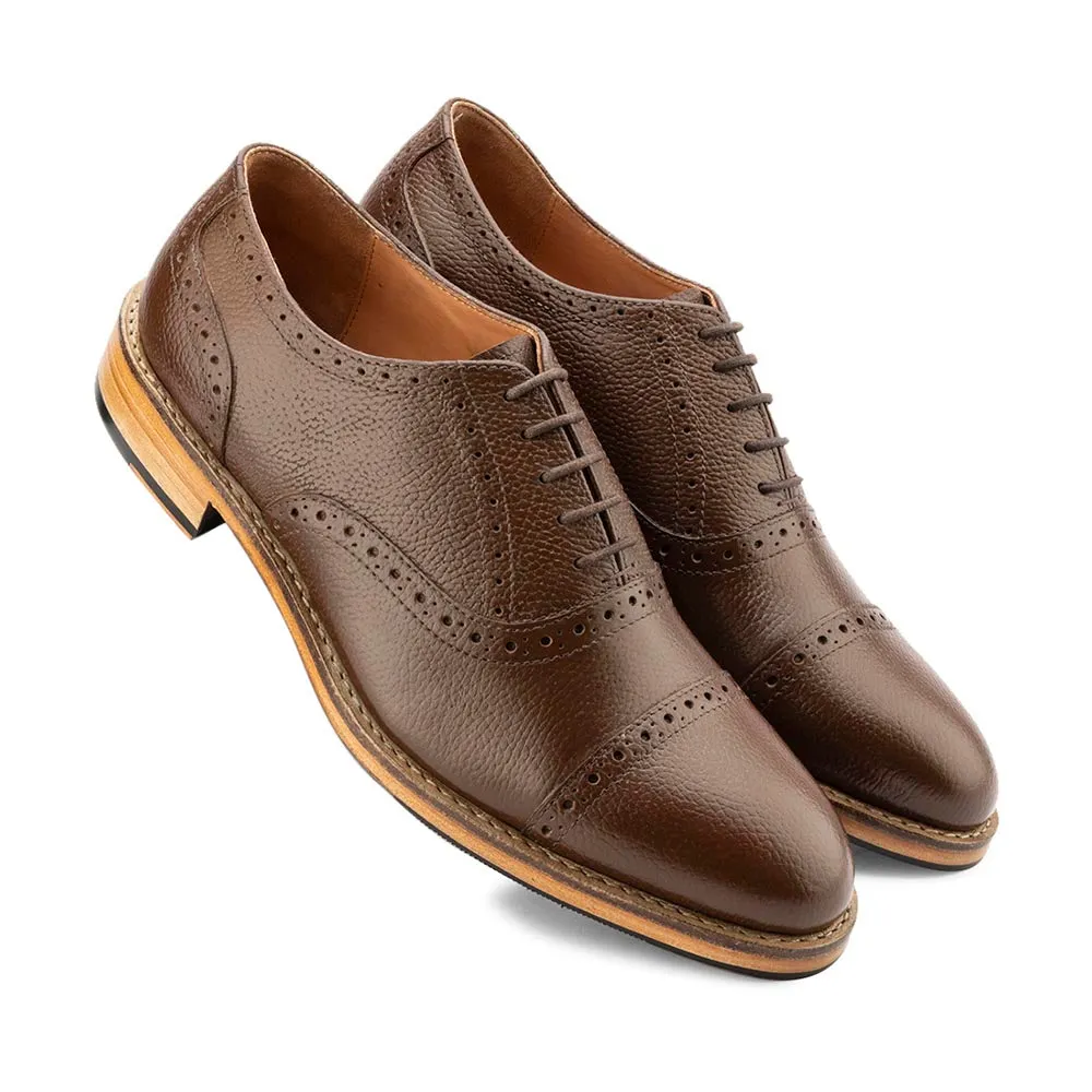 Brown Milled Goodyear Welted Captoe Oxfords with Fiddle back