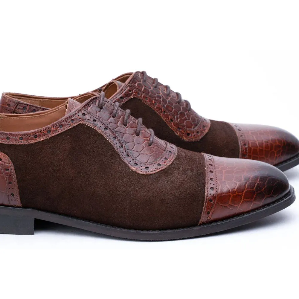 Brown Two tone Croco Suede Oxfords