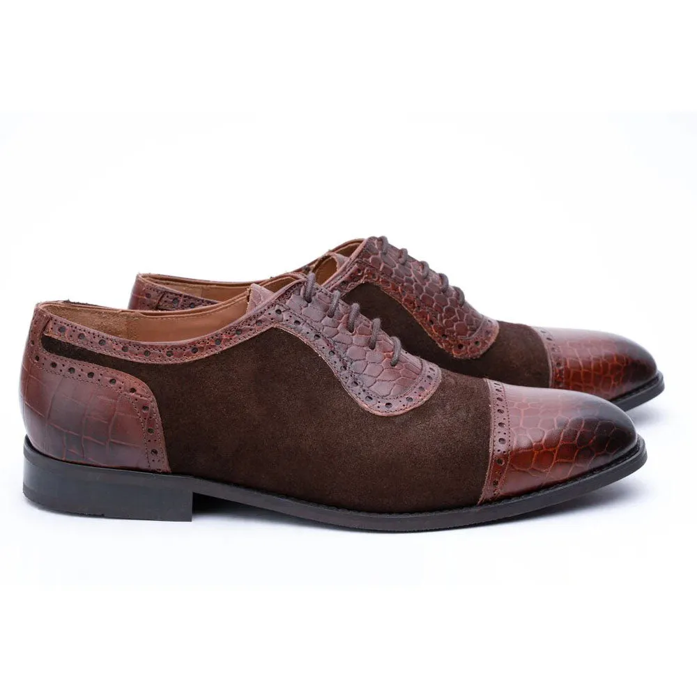 Brown Two tone Croco Suede Oxfords