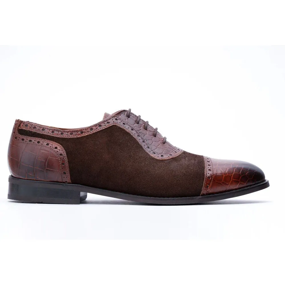 Brown Two tone Croco Suede Oxfords