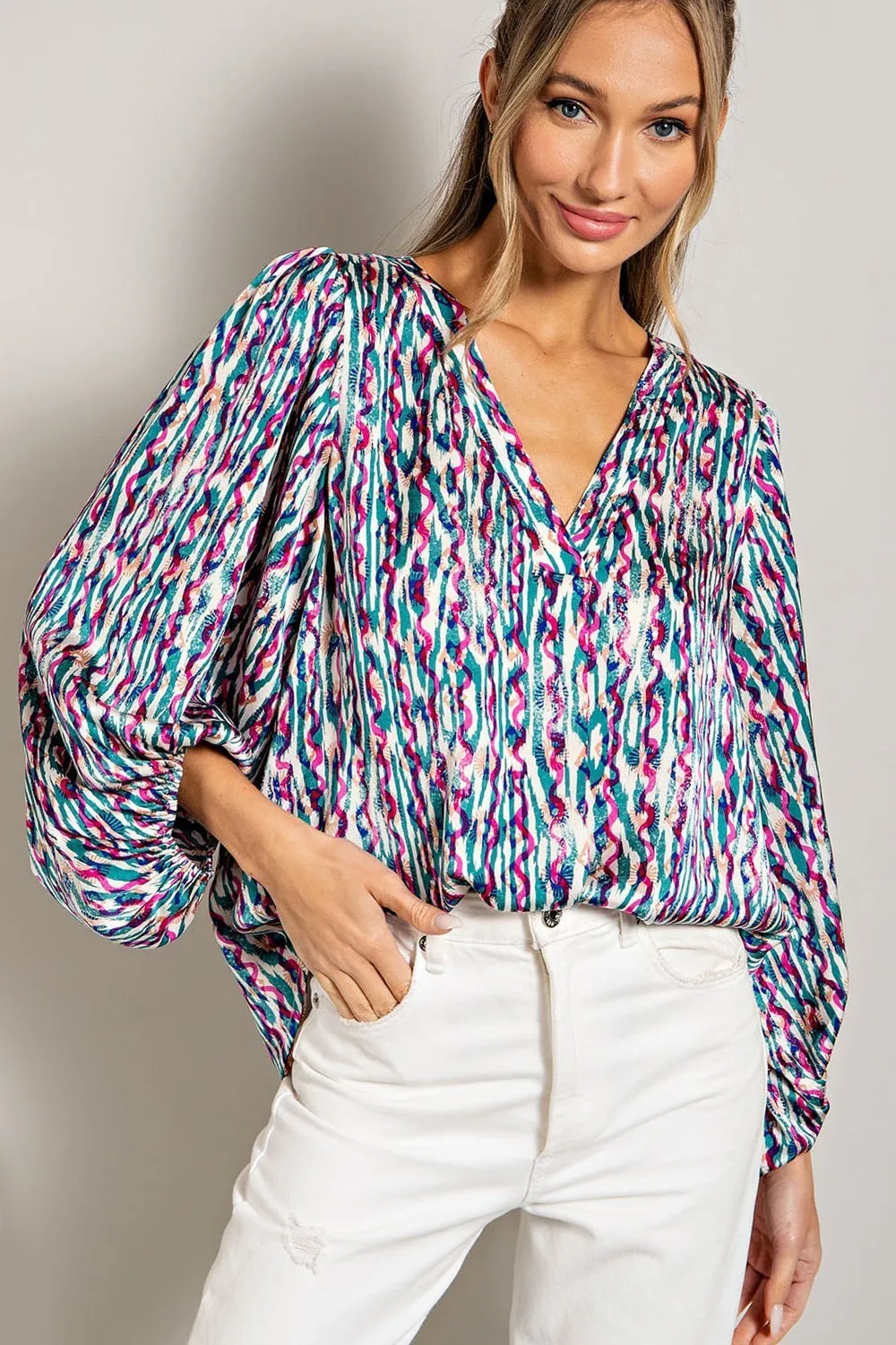 ee:some Teal Retro Print V Neck Bubble Sleeve Blouse