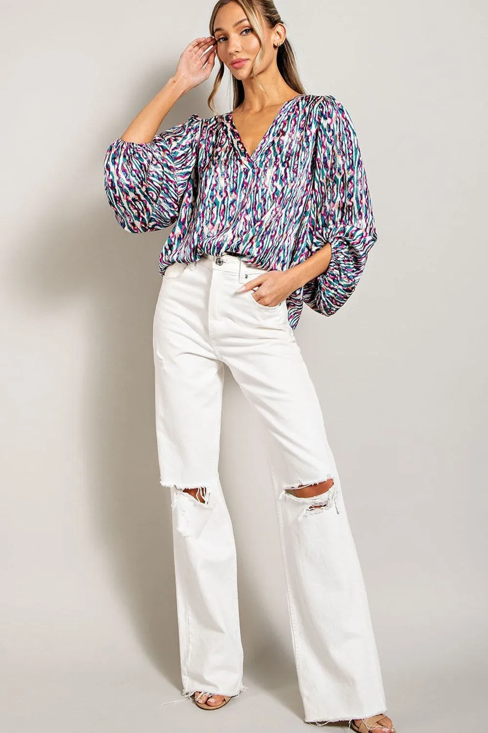 ee:some Teal Retro Print V Neck Bubble Sleeve Blouse
