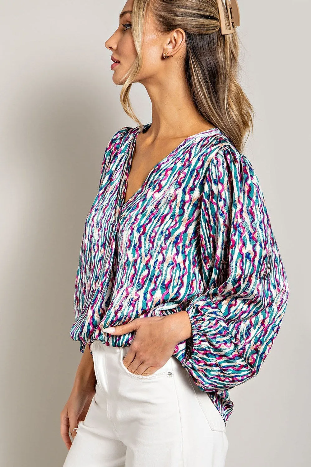 ee:some Teal Retro Print V Neck Bubble Sleeve Blouse