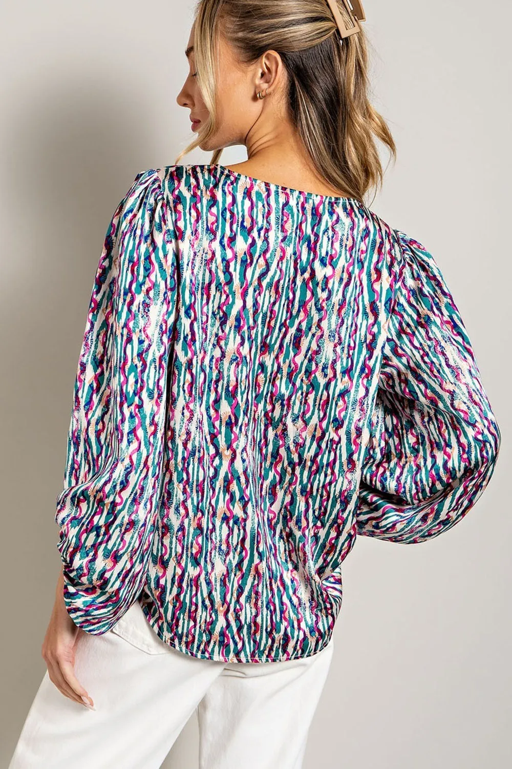 ee:some Teal Retro Print V Neck Bubble Sleeve Blouse