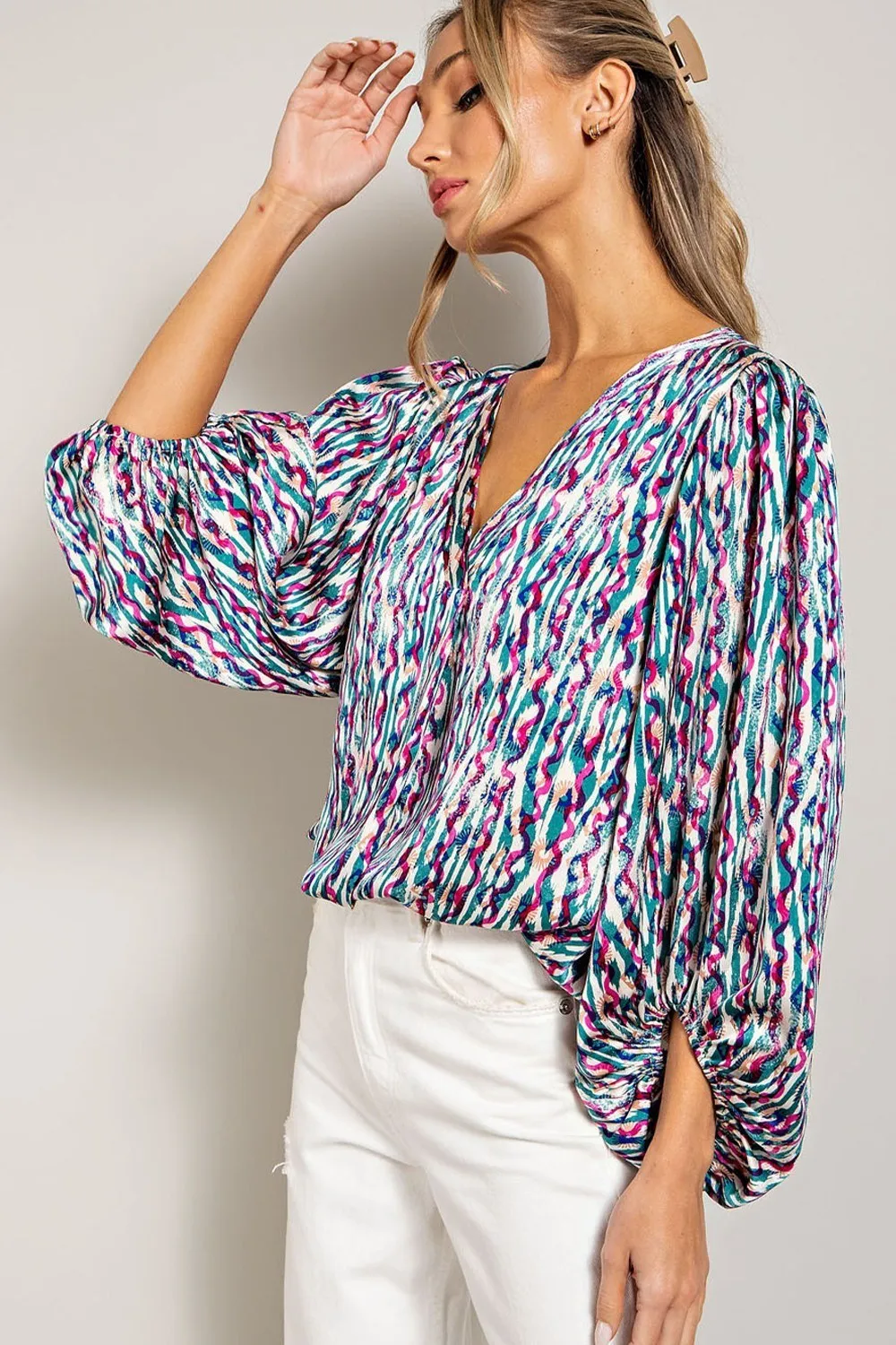 ee:some Teal Retro Print V Neck Bubble Sleeve Blouse