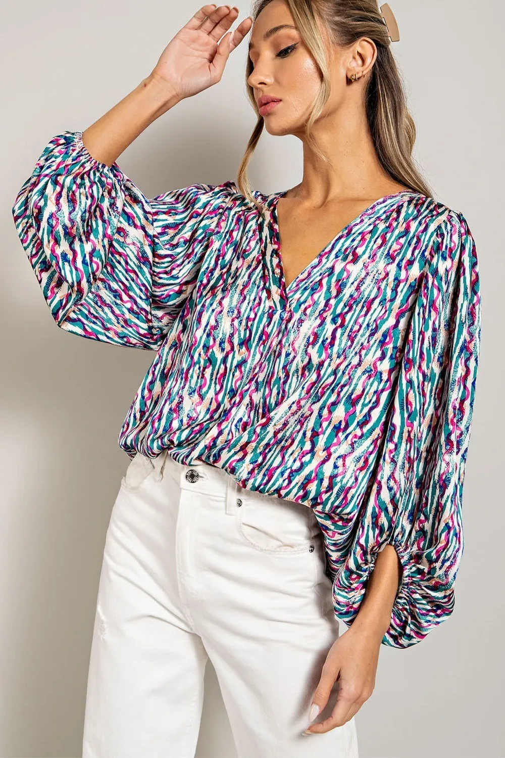 ee:some Teal Retro Print V Neck Bubble Sleeve Blouse
