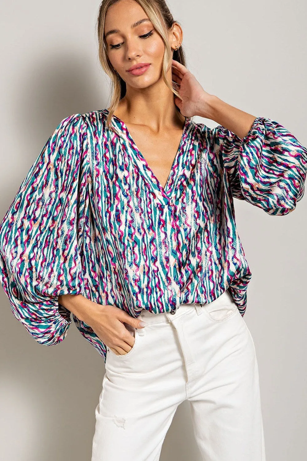ee:some Teal Retro Print V Neck Bubble Sleeve Blouse