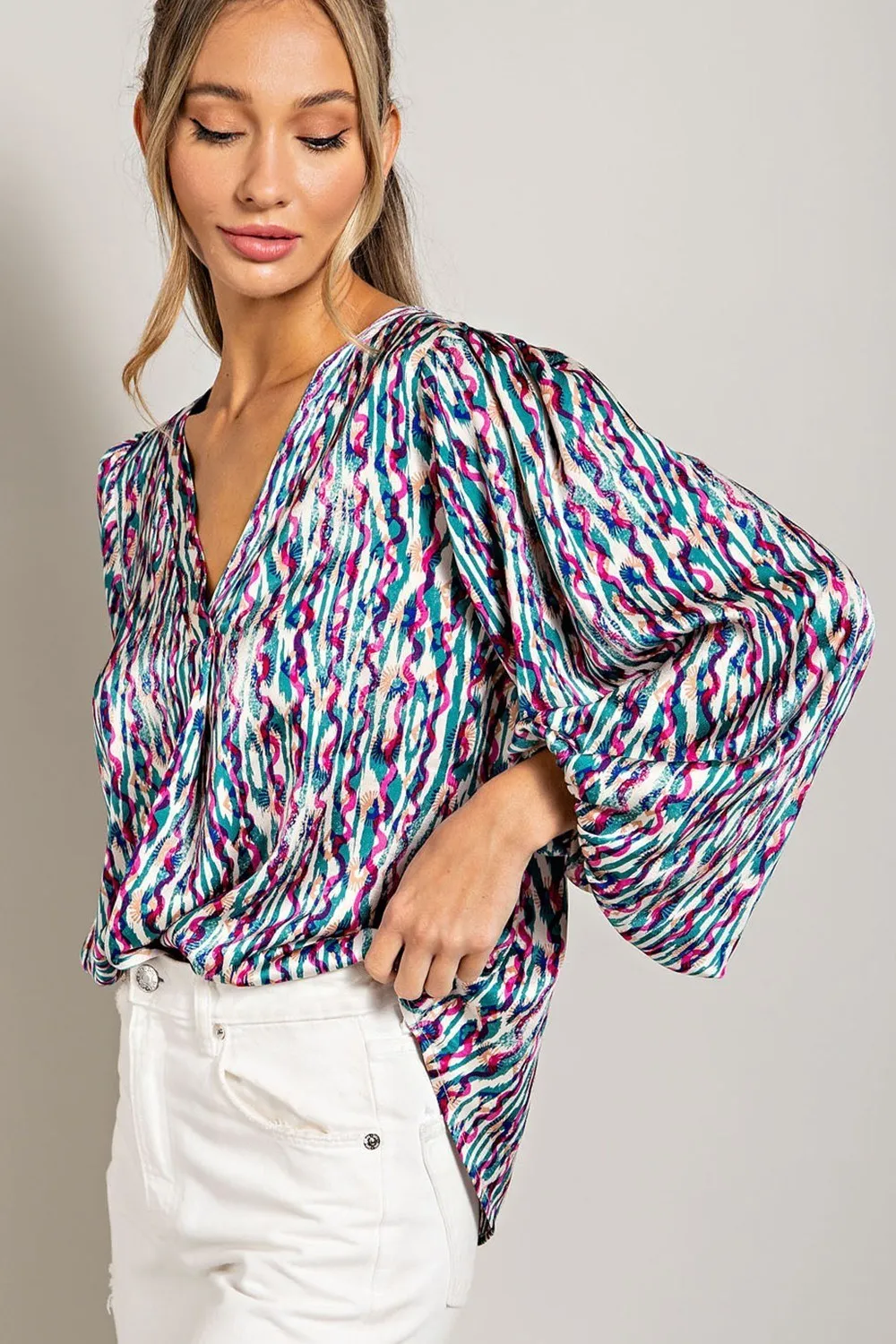 ee:some Teal Retro Print V Neck Bubble Sleeve Blouse