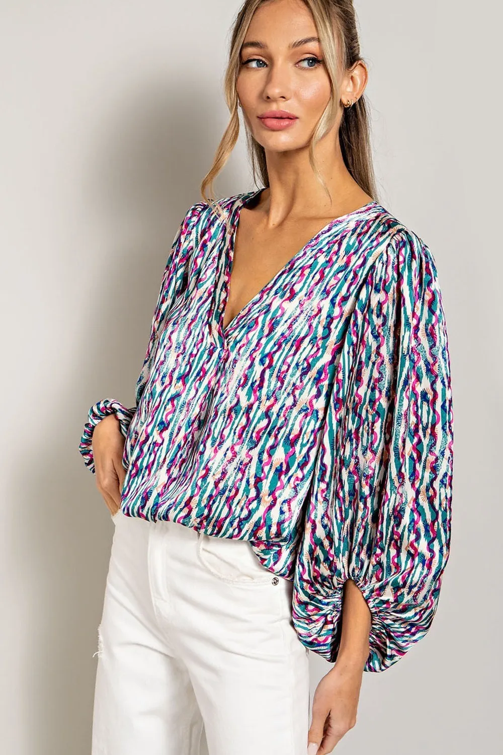 ee:some Teal Retro Print V Neck Bubble Sleeve Blouse