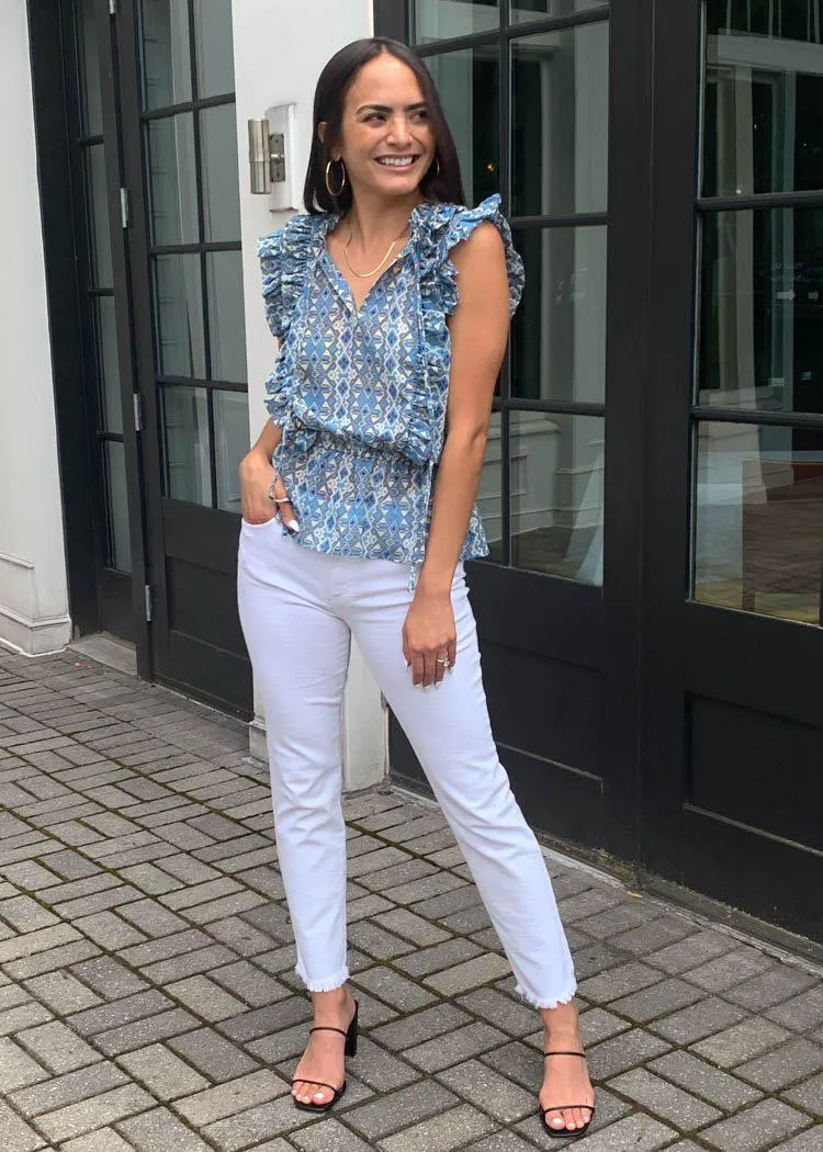 Elan Chania Aztec Pepulm Ruffle Top - Blue