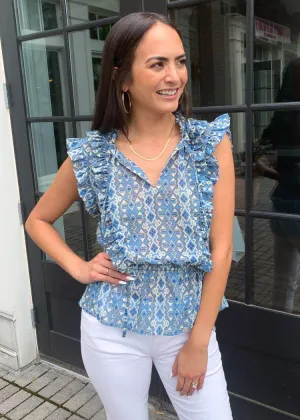 Elan Chania Aztec Pepulm Ruffle Top - Blue