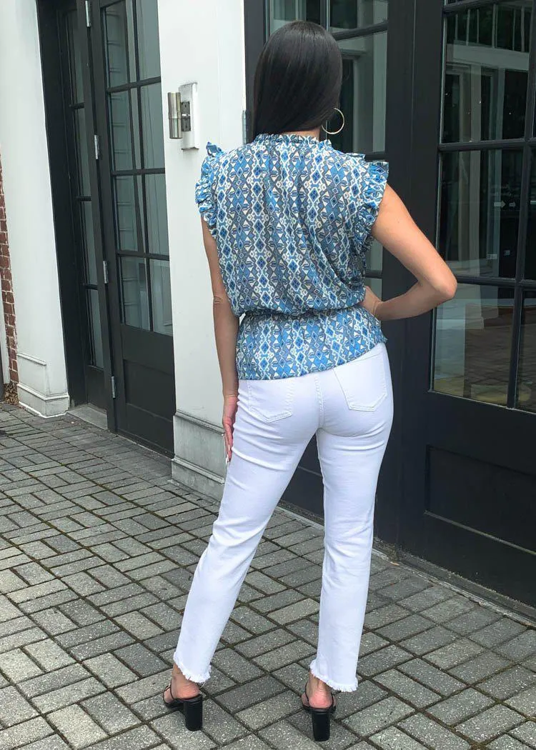 Elan Chania Aztec Pepulm Ruffle Top - Blue