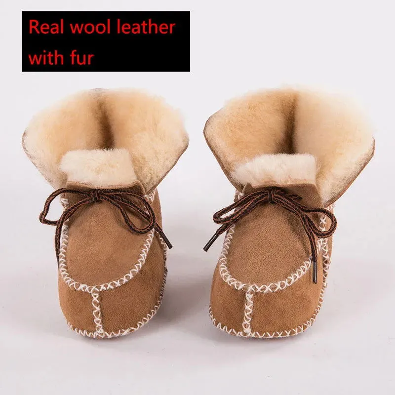 Genuine Leather Plush Wool Fur First Walker Moccasins Boots