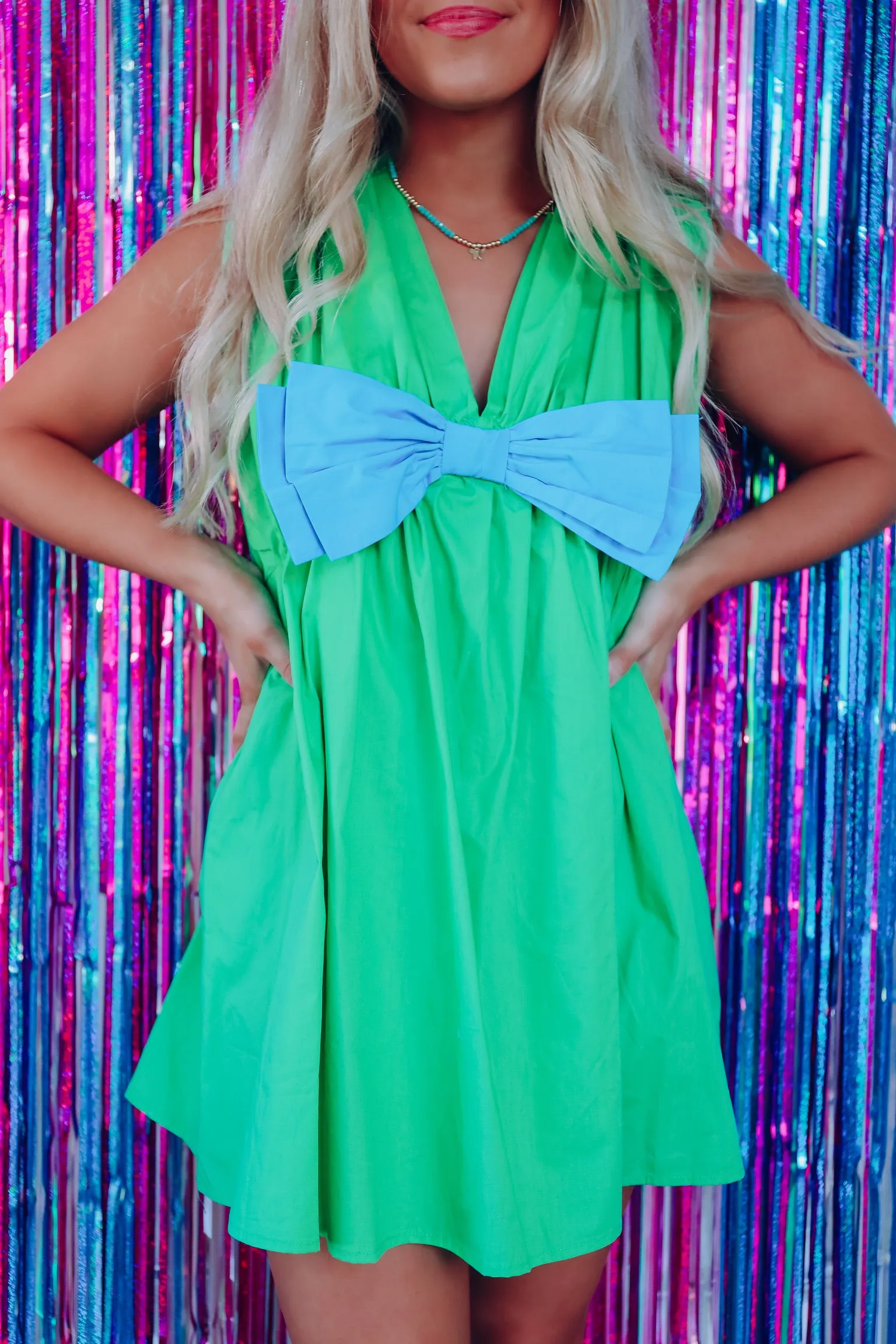 Louisa Poplin Tie Back Romper - Green/Blue