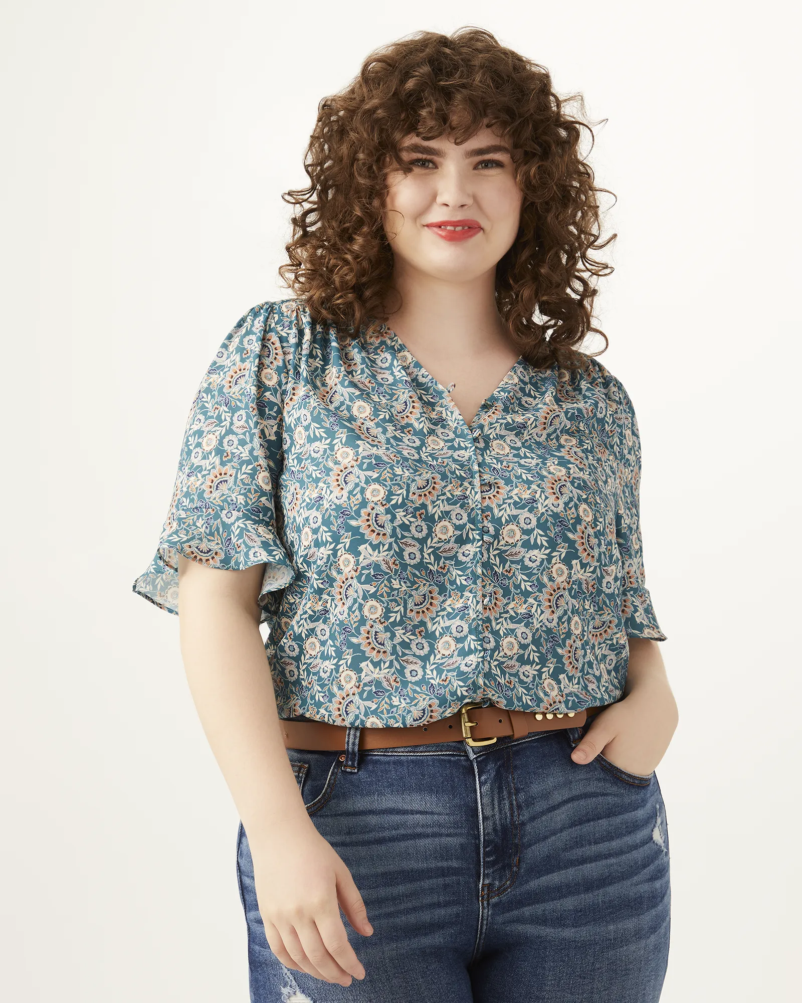 Mila Ruffle Sleeve Blouse | Kelly Green / Ivory