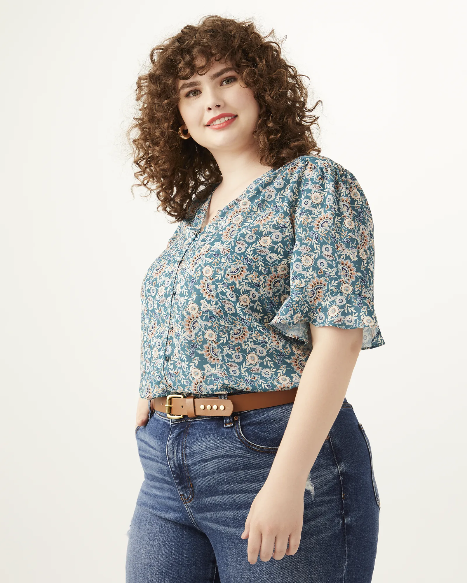 Mila Ruffle Sleeve Blouse | Kelly Green / Ivory
