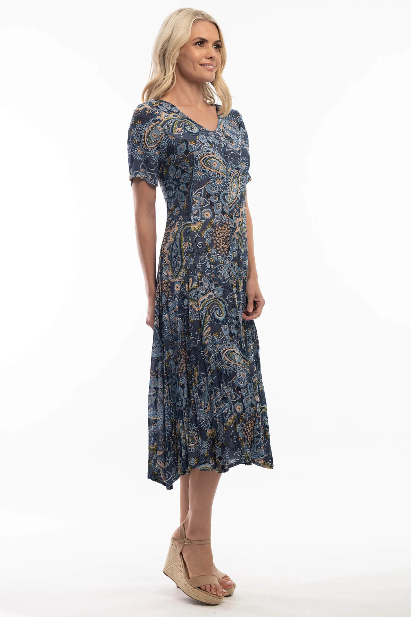 Orientique 3113 Godet Blue Print Dress