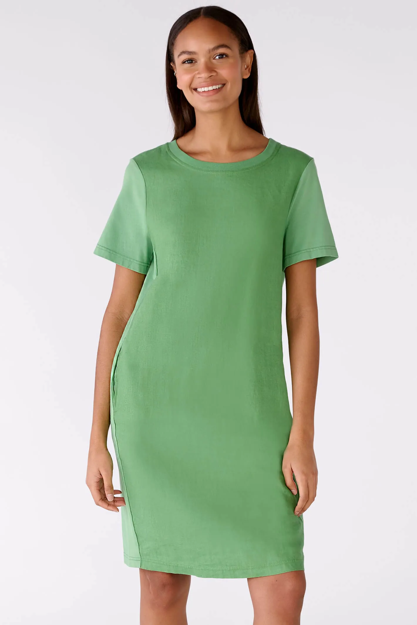 Oui 78504 Leaf Green Linen & Cotton Short Sleeve Dress