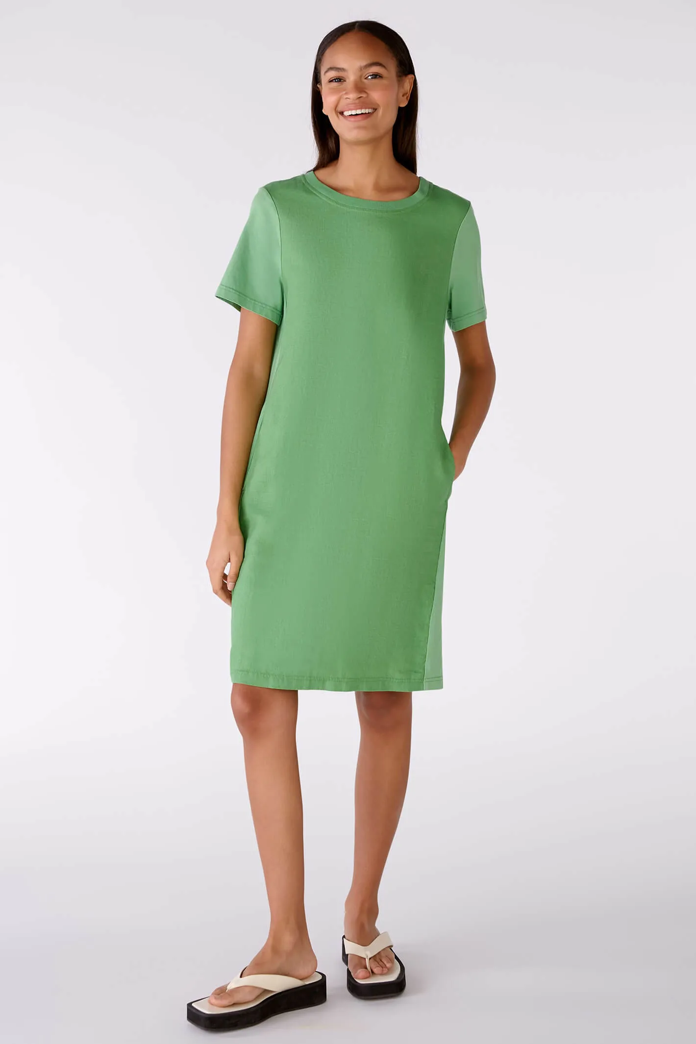 Oui 78504 Leaf Green Linen & Cotton Short Sleeve Dress