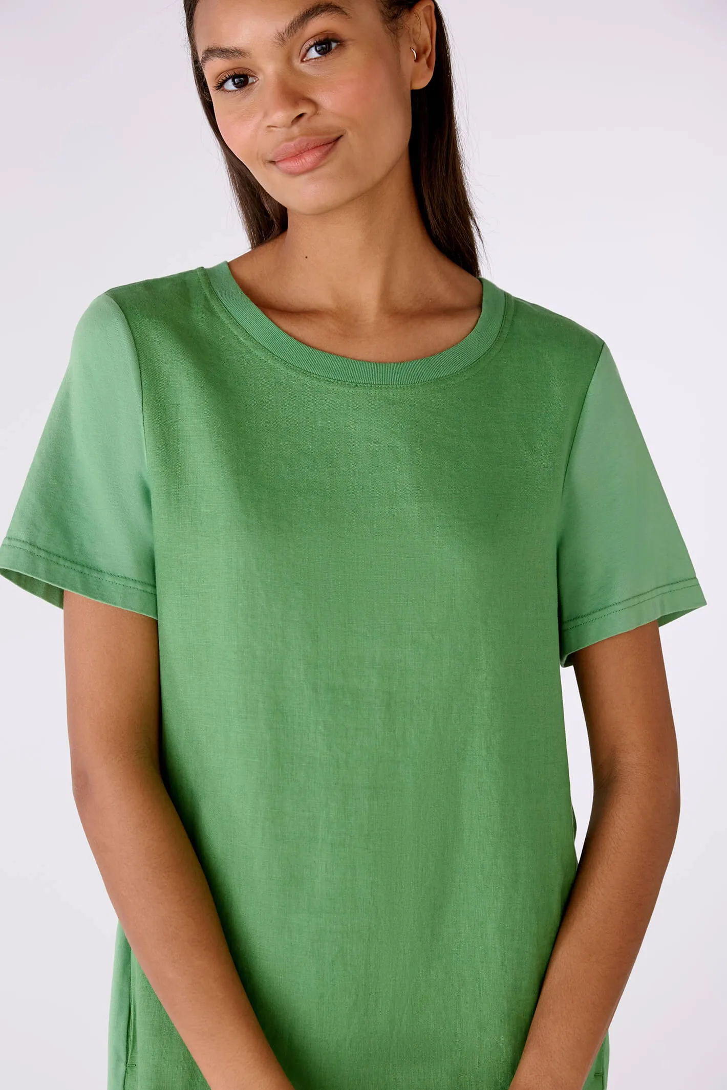 Oui 78504 Leaf Green Linen & Cotton Short Sleeve Dress