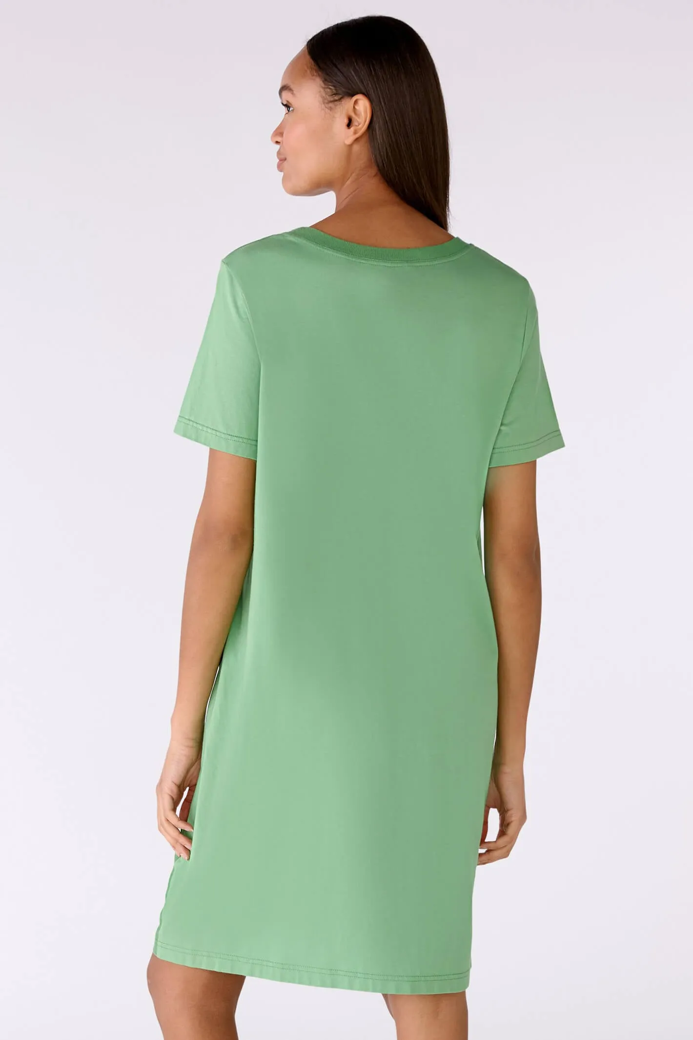 Oui 78504 Leaf Green Linen & Cotton Short Sleeve Dress