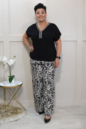 Pomodoro Black & Beige Leaf Print Trousers-72508