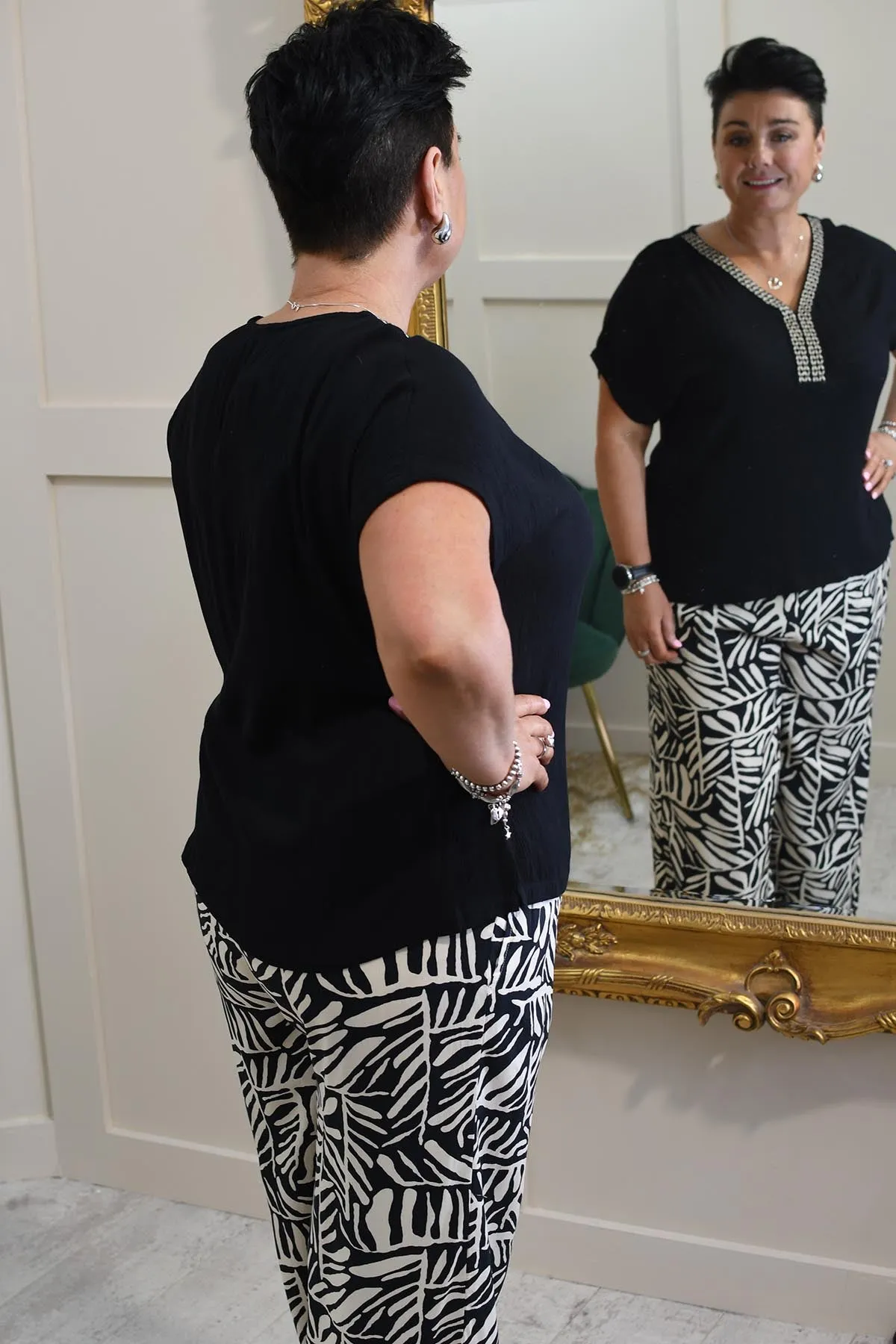 Pomodoro Black & Beige Leaf Print Trousers-72508
