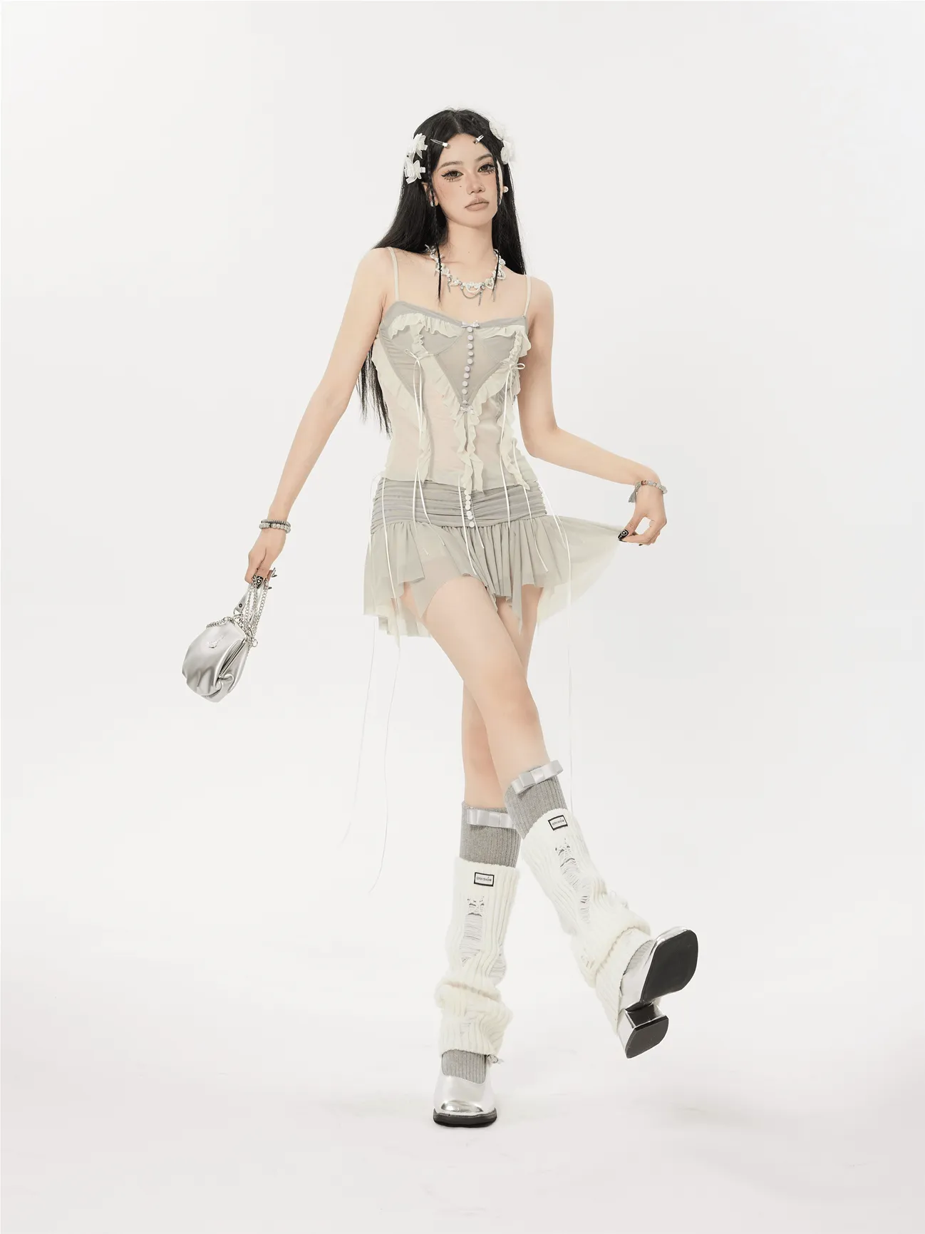 Ruffle Camisole and Tier Pleated Ballet Mini Skirt Two-Piece Set