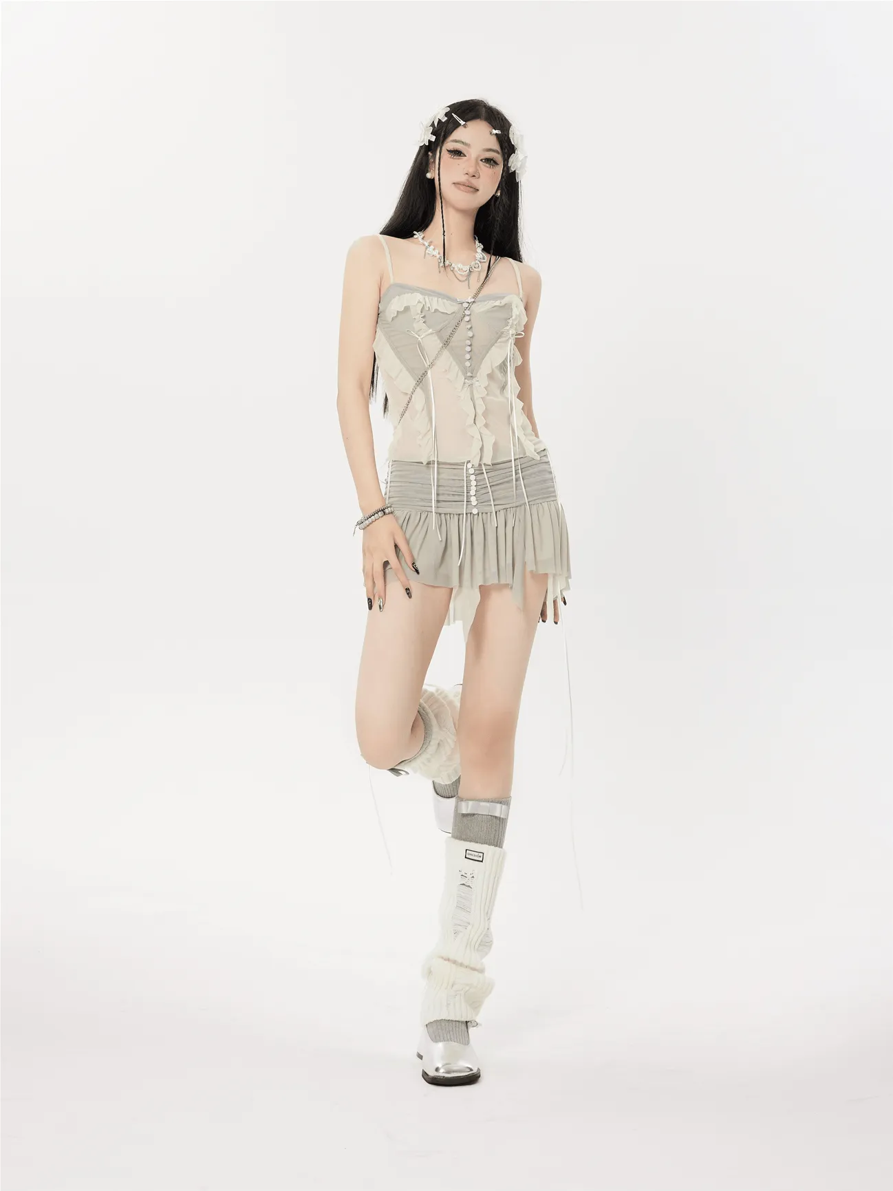 Ruffle Camisole and Tier Pleated Ballet Mini Skirt Two-Piece Set