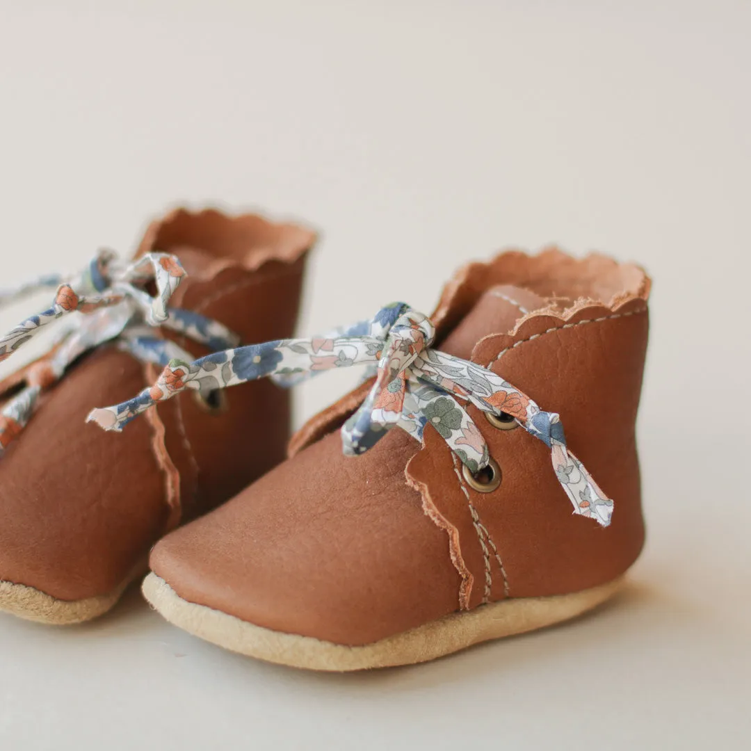 Scalloped Leather Baby Girl Boots in Walnut