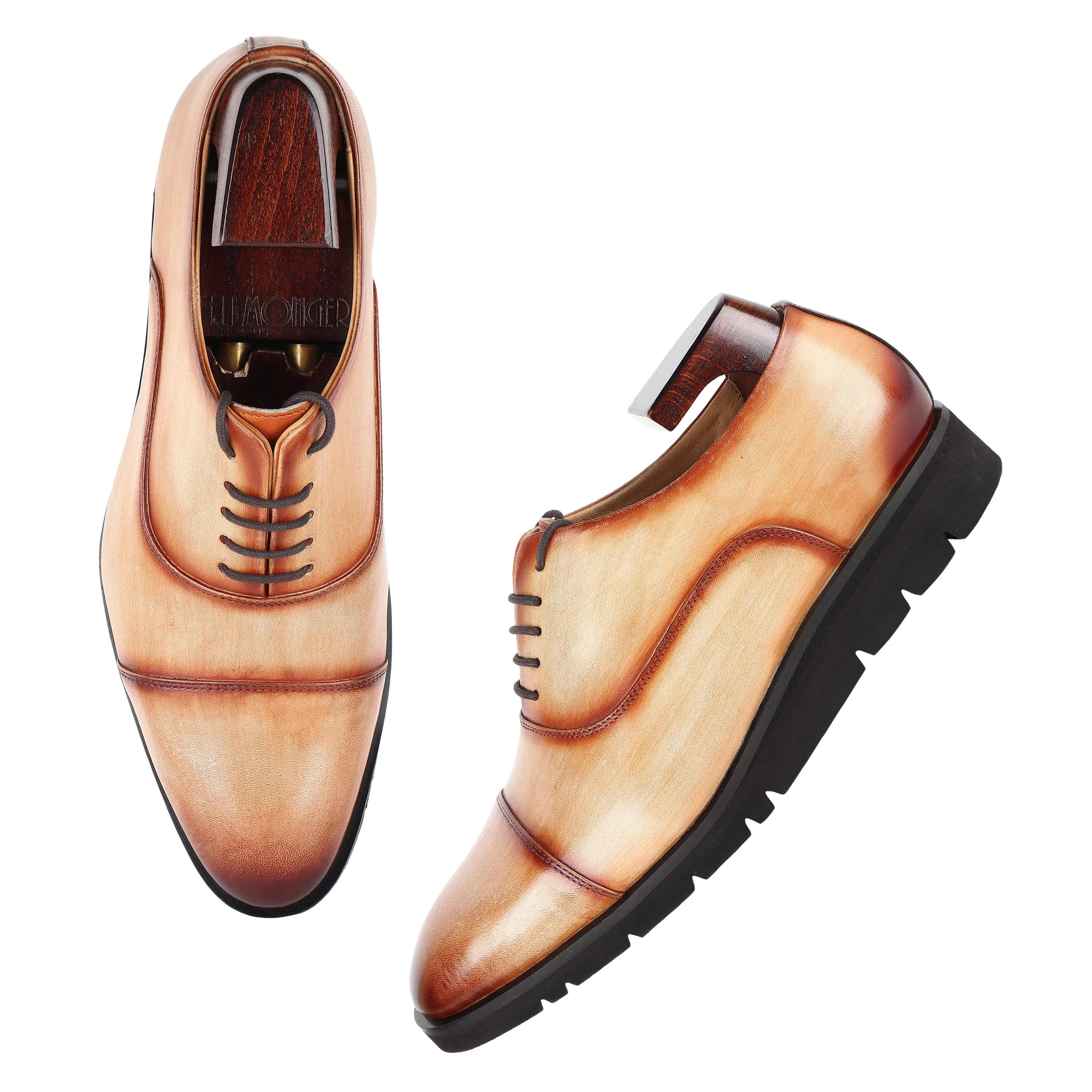 Tan Mirror Glossed Handpainted Patina Extralight Captoe Oxfords