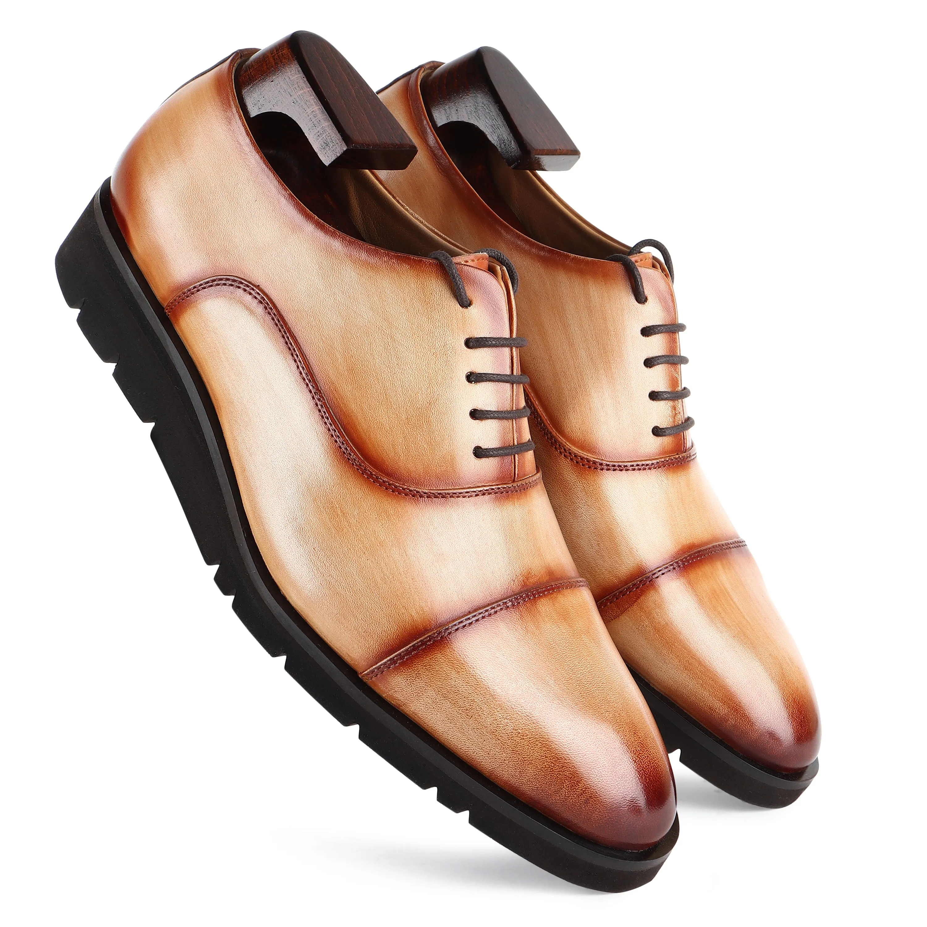 Tan Mirror Glossed Handpainted Patina Extralight Captoe Oxfords