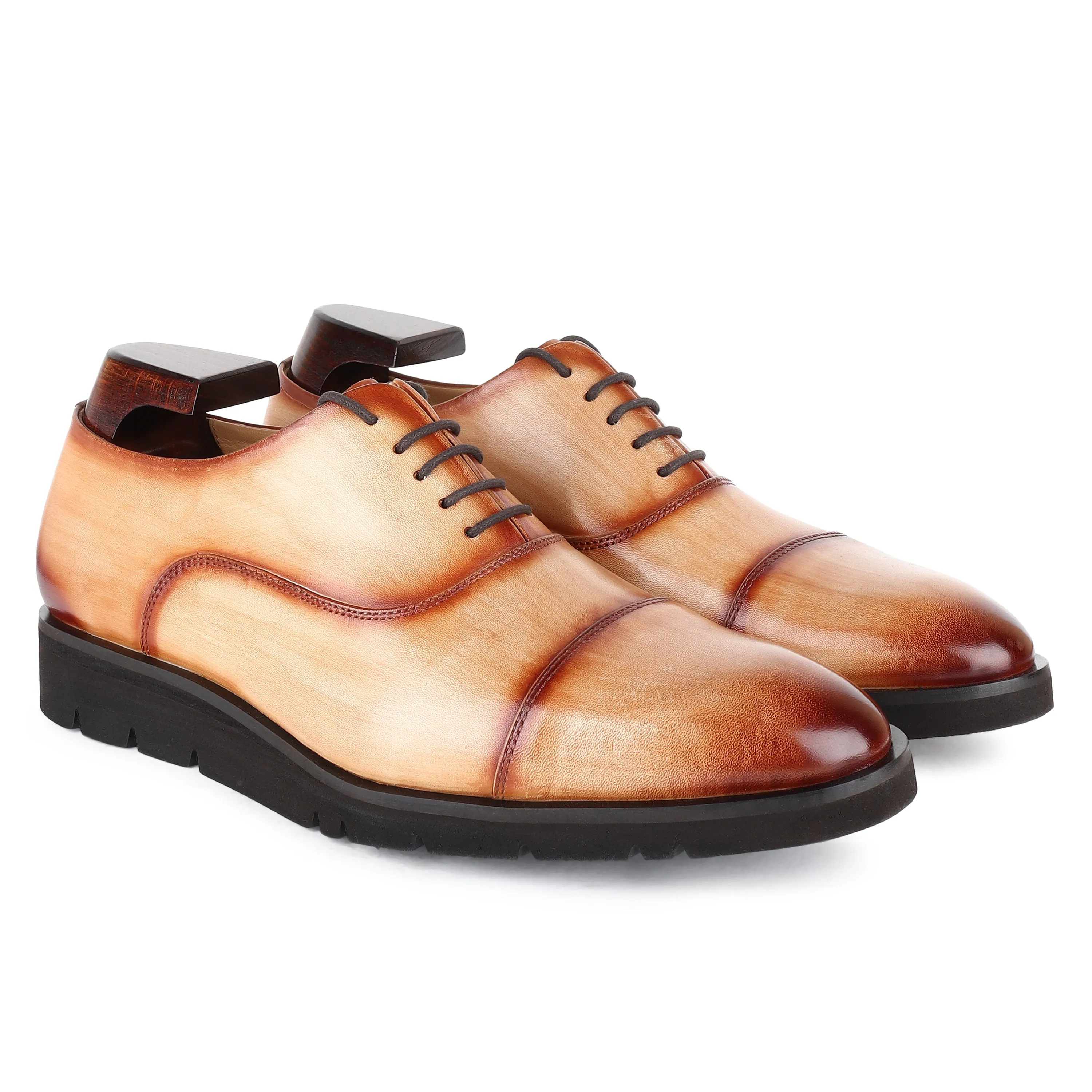 Tan Mirror Glossed Handpainted Patina Extralight Captoe Oxfords
