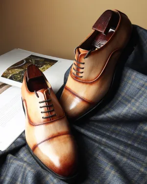 Tan Mirror Glossed Handpainted Patina Extralight Captoe Oxfords