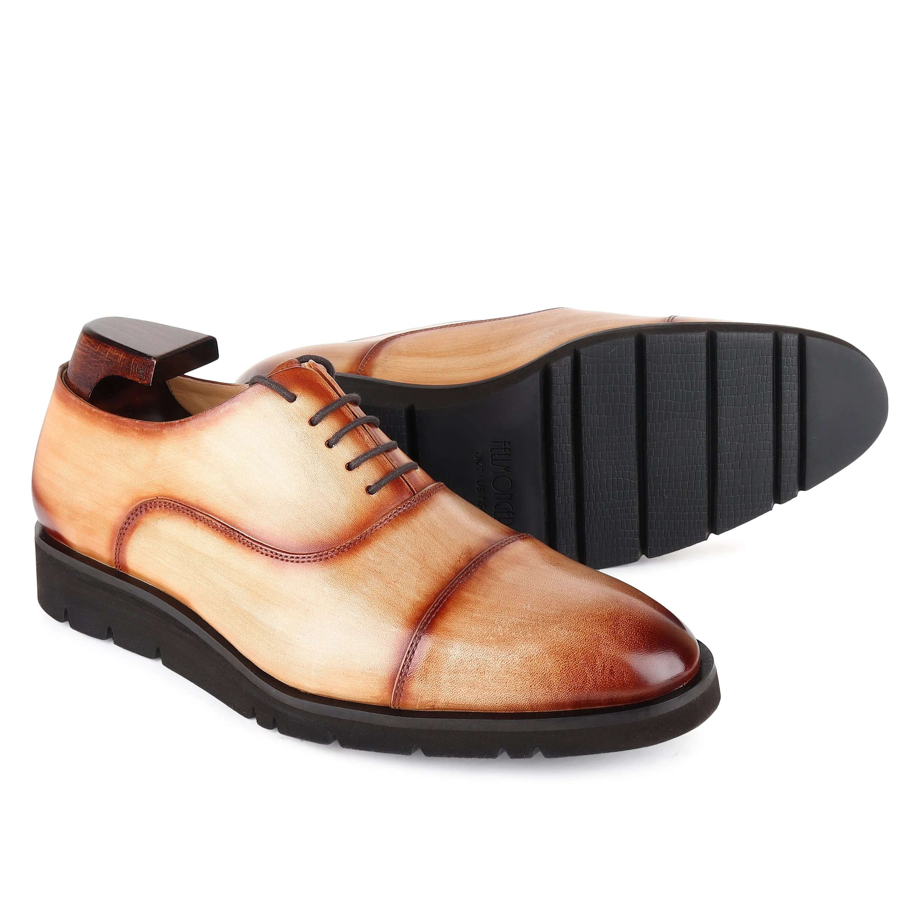 Tan Mirror Glossed Handpainted Patina Extralight Captoe Oxfords