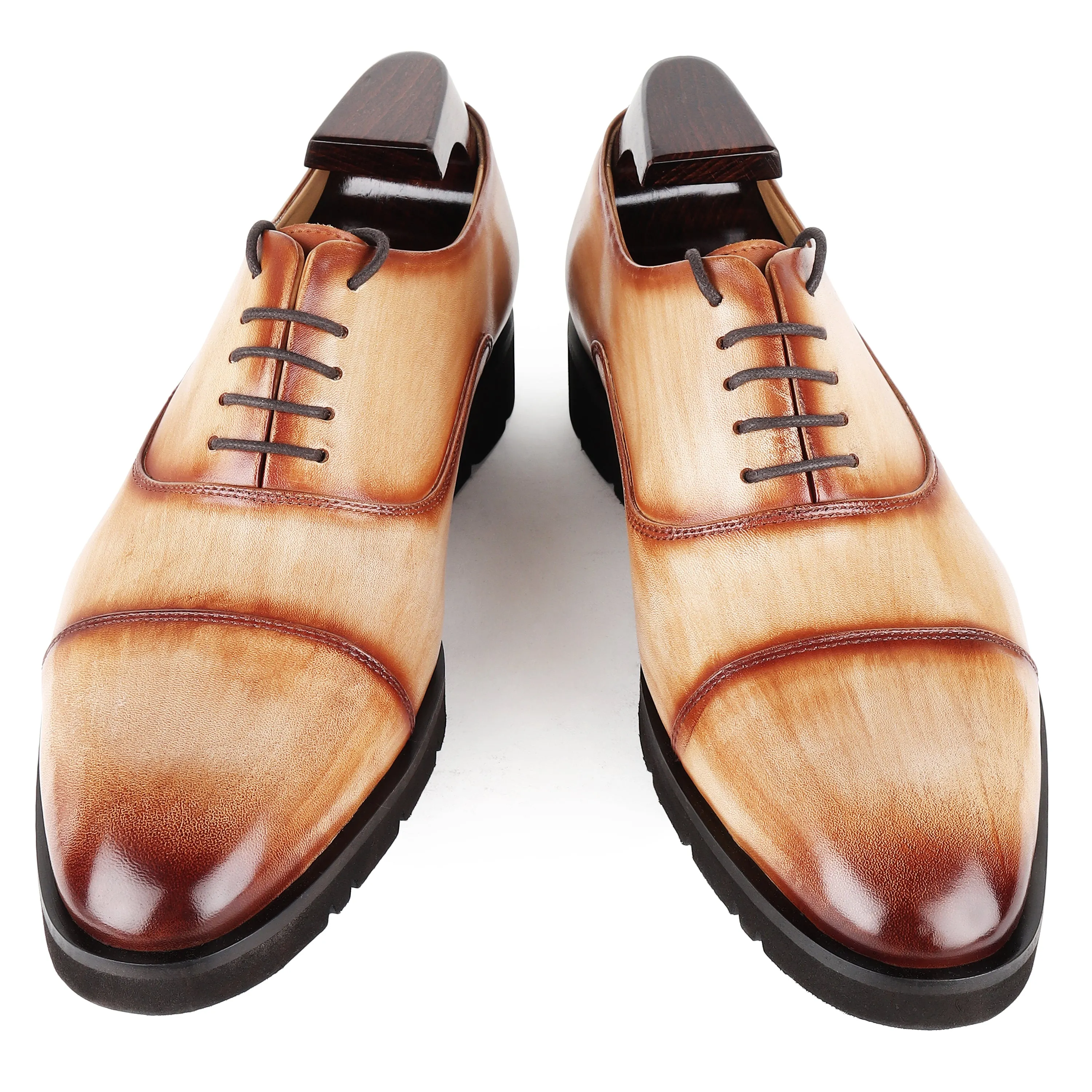Tan Mirror Glossed Handpainted Patina Extralight Captoe Oxfords